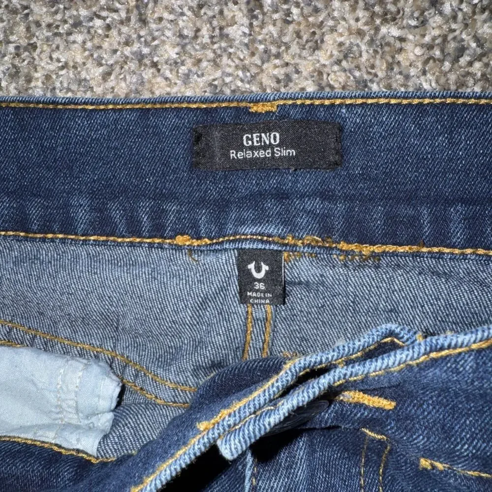 True Religion Men’s Size 36x31 Blue GENO Relaxed Slim Jeans Denim Classic Stitch